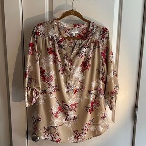 croft & barrow Beige Floral Henley Blouse with Red Accents